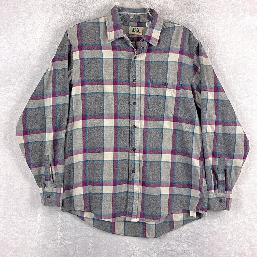 VTG REI Shirt Mens L Gray Purple Plaid Chamois Flannel Outdoors 90s Made in USA